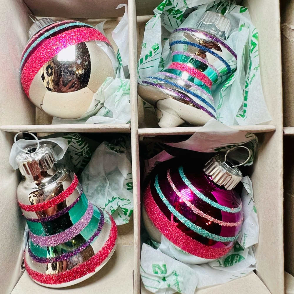 12 Radko Spools Bells Beehives Balls Glass Ornaments Pink Teal Purple Glitter - Picture 3 of 13